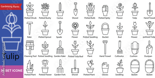 36 Set of Gardening and Potted Plants Vector Line Icons for Horticulture, Nature, and Floral Design