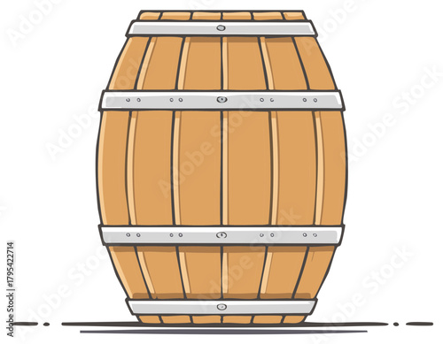 Cartoon illustration of a wooden barrel, with silver metal hoops.
