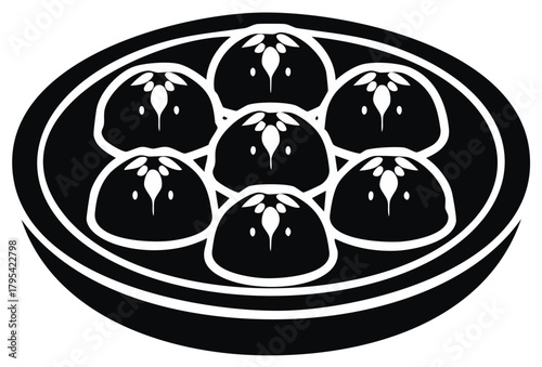 Stylized Black and White Illustration of Seven Delicious Dumplings in a Serving Dish