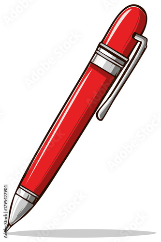 Vibrant Red Pen Cartoon Illustration with Silver Accents and Clip Stationery Item