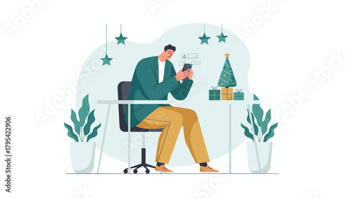 Man sad and isolated checking depressing news on his phone during the Christmas holiday