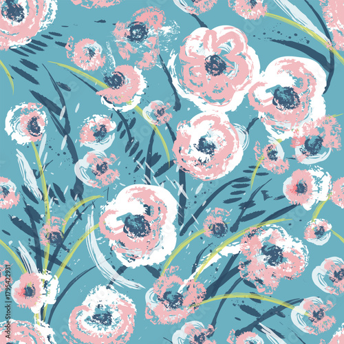 Seamless floral pattern featuring abstract pink and white flowers painted in a loose, expressive brushstroke style on a blue background. Artistic spring design ideal for textiles, fashion fabrics