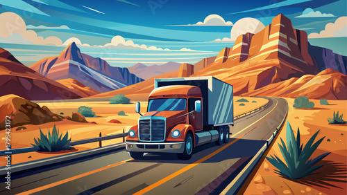 Very beautiful state Nevada scene featuring a new semi-truck driving toward the viewer on an open highway, clean white background, no logos, no brands, commercial-safe composition, bright natural ligh