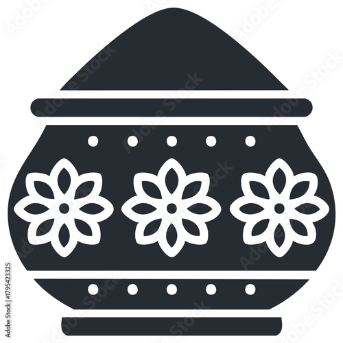 Pot filled with Holika powder and floral decoration for Festival of Colors