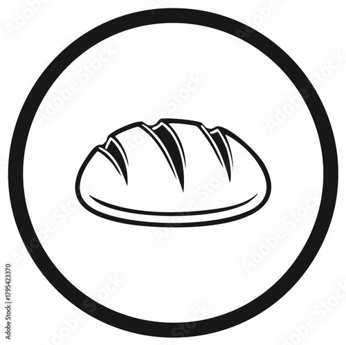 Black and white simple icon of a crusty loaf of bread within a circle