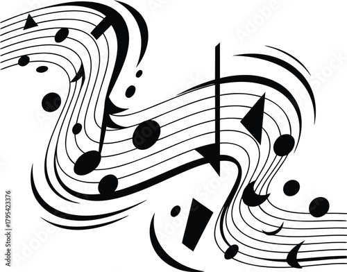 Abstract musical notes and symbols flowing on a white background
