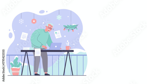 Stressed senior man frantically working on laptop during the winter holidays Pressure and deadlines