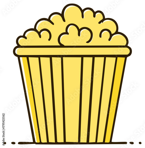 Classic cinema snack illustration of popcorn in a yellow striped bucket