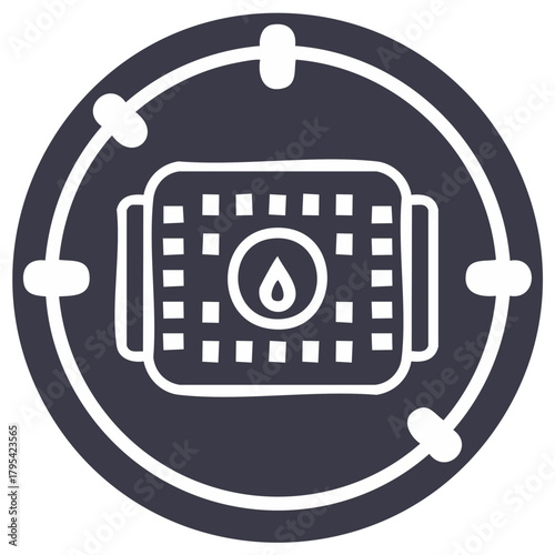 Hand Drawn Icon Featuring Manhole Cover with Pattern and Water Drop in Circle on Dark Background