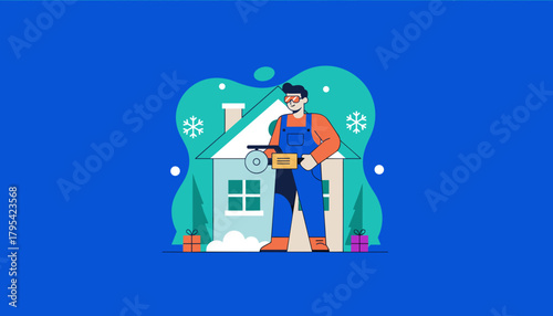 Contractor holding a saw in front of a house in winter Home maintenance service illustration