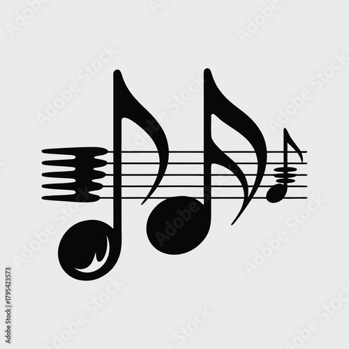 Black musical notes and clef on a gray background, representing music and sound