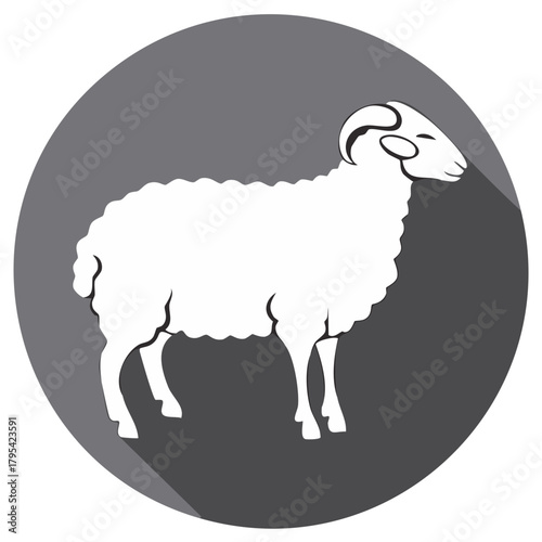 Minimal white ram icon with horns in a flat design style against a dark grey circle background