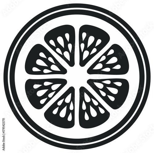 Graphic black and white citrus fruit slice illustration icon with visible segments and vesicles