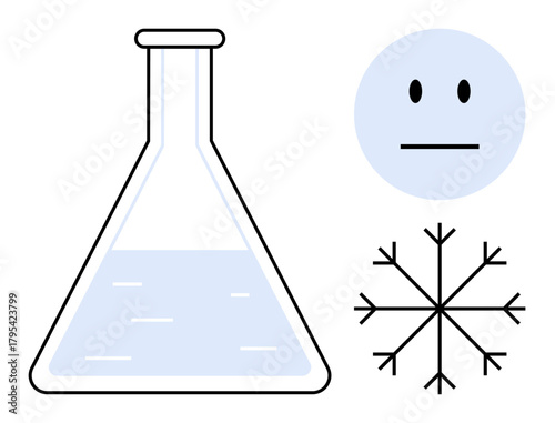 Beaker with liquid, neutral face, and snowflake representing science, emotion, and neutrality. Ideal for experimentation, chemistry, winter, feelings minimalism education and symbolic expressions