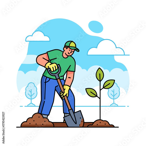 A man wearing a cap and gloves uses a shovel to plant a small tree sapling in the ground.