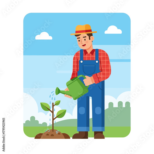 Cartoon farmer in overalls and a hat watering a young sapling with a green watering can.