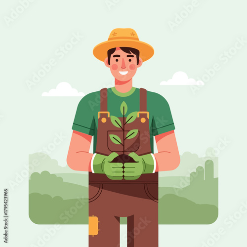 Smiling male farmer in a hat and overalls holding a young plant seedling in his hands.