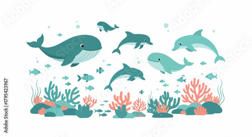 Whales and dolphins swimming together above corals, suitable for nursery décor, posters, wallpapers, and nature education visuals