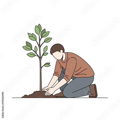 A simple line art illustration of a man kneeling on the ground to plant a young tree sapling.