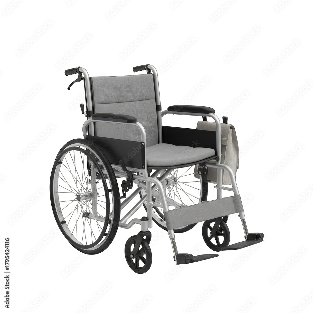 Fototapeta premium Medical Wheelchair with Gray Upholstery and Large Rear Wheels Isolated on Transparent Background for Healthcare and Mobility Concepts