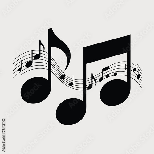 Black musical notes and staff on a light gray background, representing music and melody