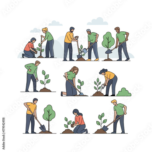 A collection of flat vector illustrations showing diverse people planting trees and saplings.