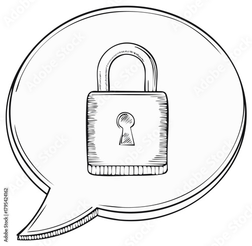 Hand drawn padlock secured inside a speech bubble representing private communication or secure messaging