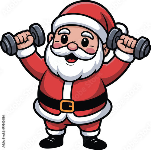 Cartoon santa claus lifting weights dumbbells during workout exercising body