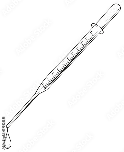 Black and white line art illustration of a graduated pipette with a drop of liquid
