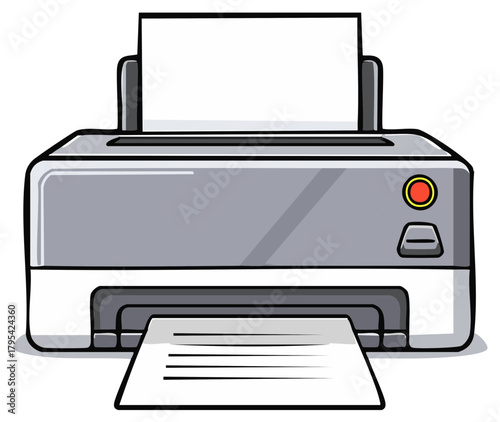 Office printer machine printing a paper document cartoon vector illustration