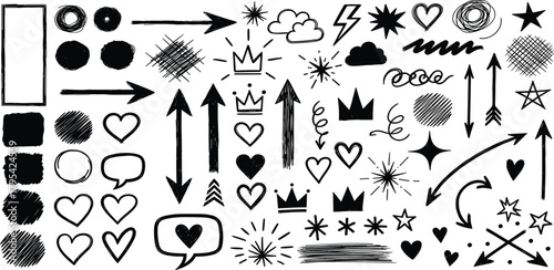 Hand-drawn elements and doodles in black and white Arrows, hearts, stars, and speech bubbles