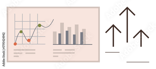 Graph and bar chart with upward arrows denoting growth. Ideal for business, analytics, success, progress, strategy, finance, and motivation. Clean and simple flat metaphor
