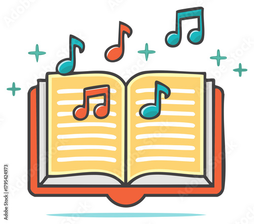 Open musical notation book with floating musical notes and sparkling accents symbolizing melody creation