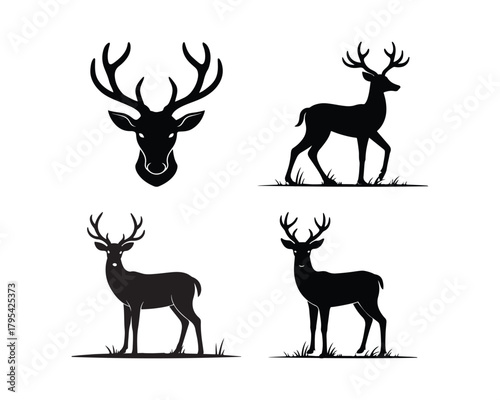 deer with large antlers, antler silhouette, deer silhouette, deer illustration set, majestic deer, big antler deer, rustic deer design, deer head vector, deer icon collection, antlered animal vector