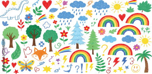 A vibrant and whimsical collection of hand-drawn elements, featuring playful rainbows, cute animals, and natural imagery, perfect for children's designs and joyful illustrations