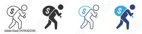 thief carrying money beg on back icon set , Robbery, Crime and Finance security icon symbol , vector illustration  . 
