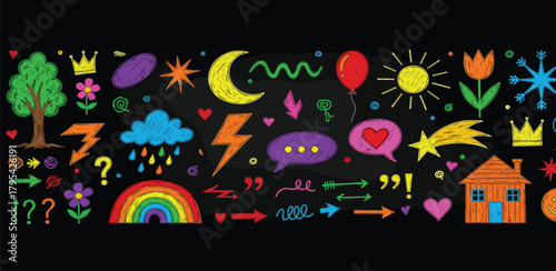 Whimsical Chalkboard Elements Vibrant Icons and Symbols for Creative Designs and Education