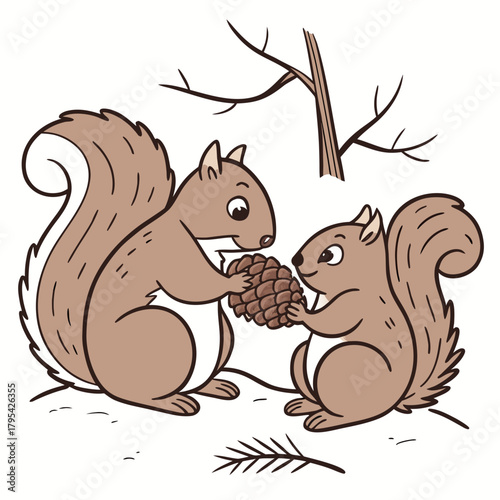 Two cute cartoon squirrels sharing a pine cone in a winter forest setting