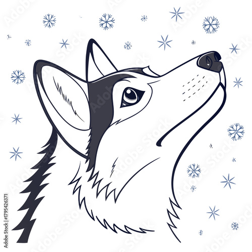 Stylized illustration of a husky dog looking up at falling snowflakes in a winter scene