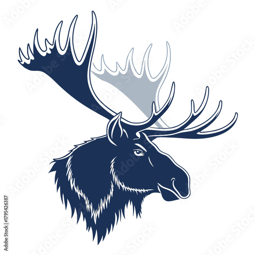 Stylized illustration of a majestic dark blue moose head with large antlers on a white background