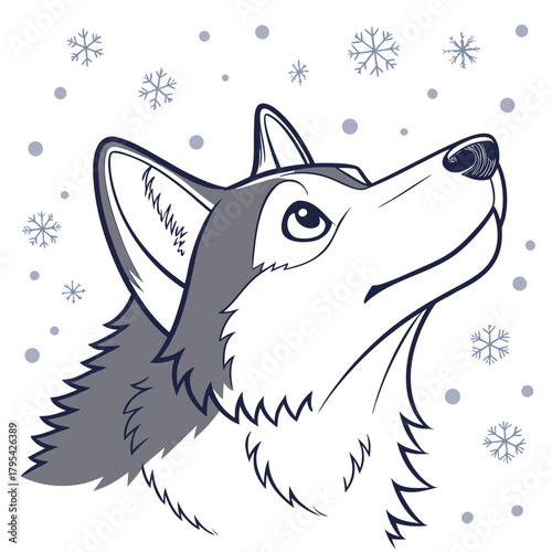 Charming husky dog looking up at falling snowflakes in a winter scene illustration