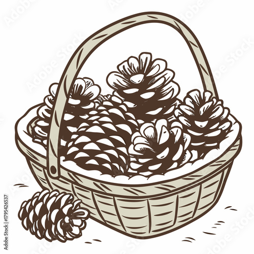 Hand drawn illustration of a woven basket overflowing with pine cones and one cone outside
