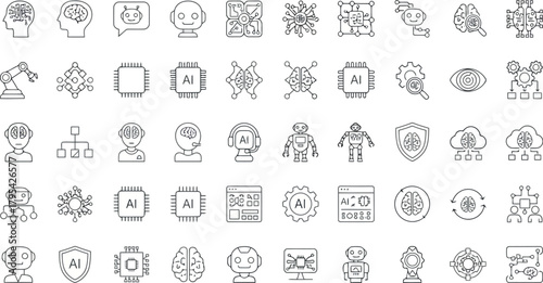 Diverse set of handdrawn artificial intelligence and technology icons, including robots and chips