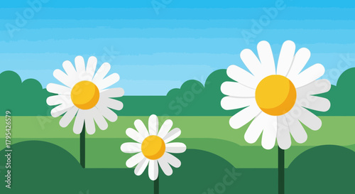 Cheerful Daisy Garden Illustration with Blue Sky and Rolling Green Hills