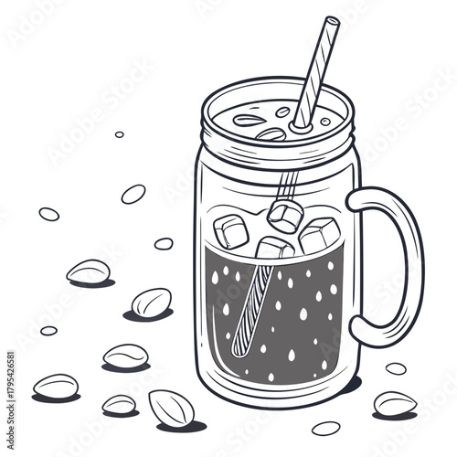 Hand drawn illustration of a refreshing iced coffee in a mason jar with ice cubes and coffee beans scattered around