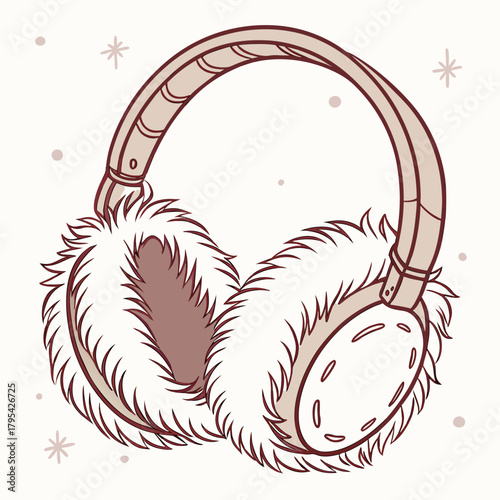 Cozy fluffy earmuffs with a simple outline drawing and subtle snowflake accents for winter warmth