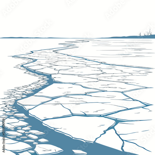 Cracked ice floes and open water create a dramatic abstract landscape with a distant shoreline