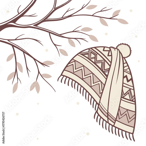 Cozy knitted winter hat with pom pom hanging from bare tree branch with falling snow