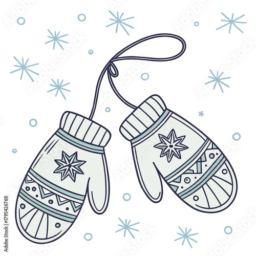 Cozy pair of light blue knitted mittens with star patterns hanging together on a string surrounded by snowflakes