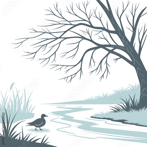 Stylized illustration of a solitary duck by a winding stream under a bare winter tree
